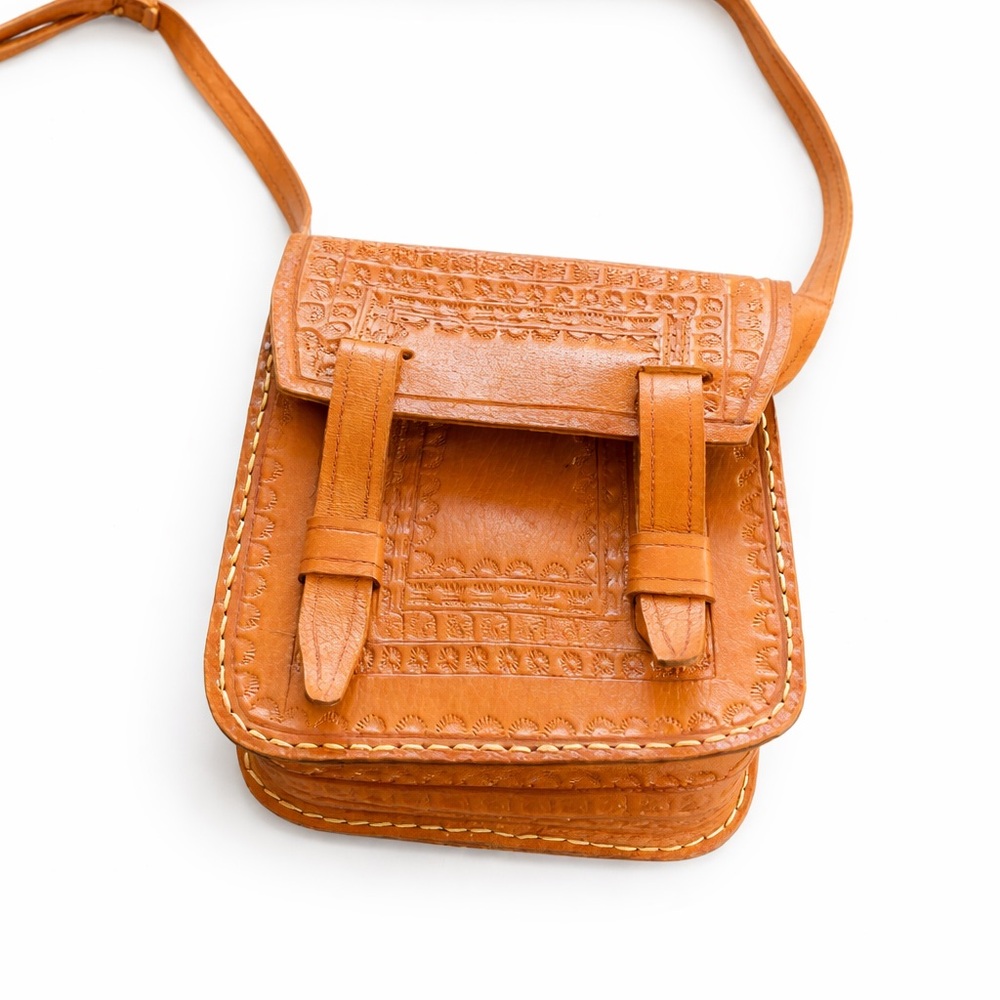 Tan Structured Crossbody Bag with Crocodile Texture